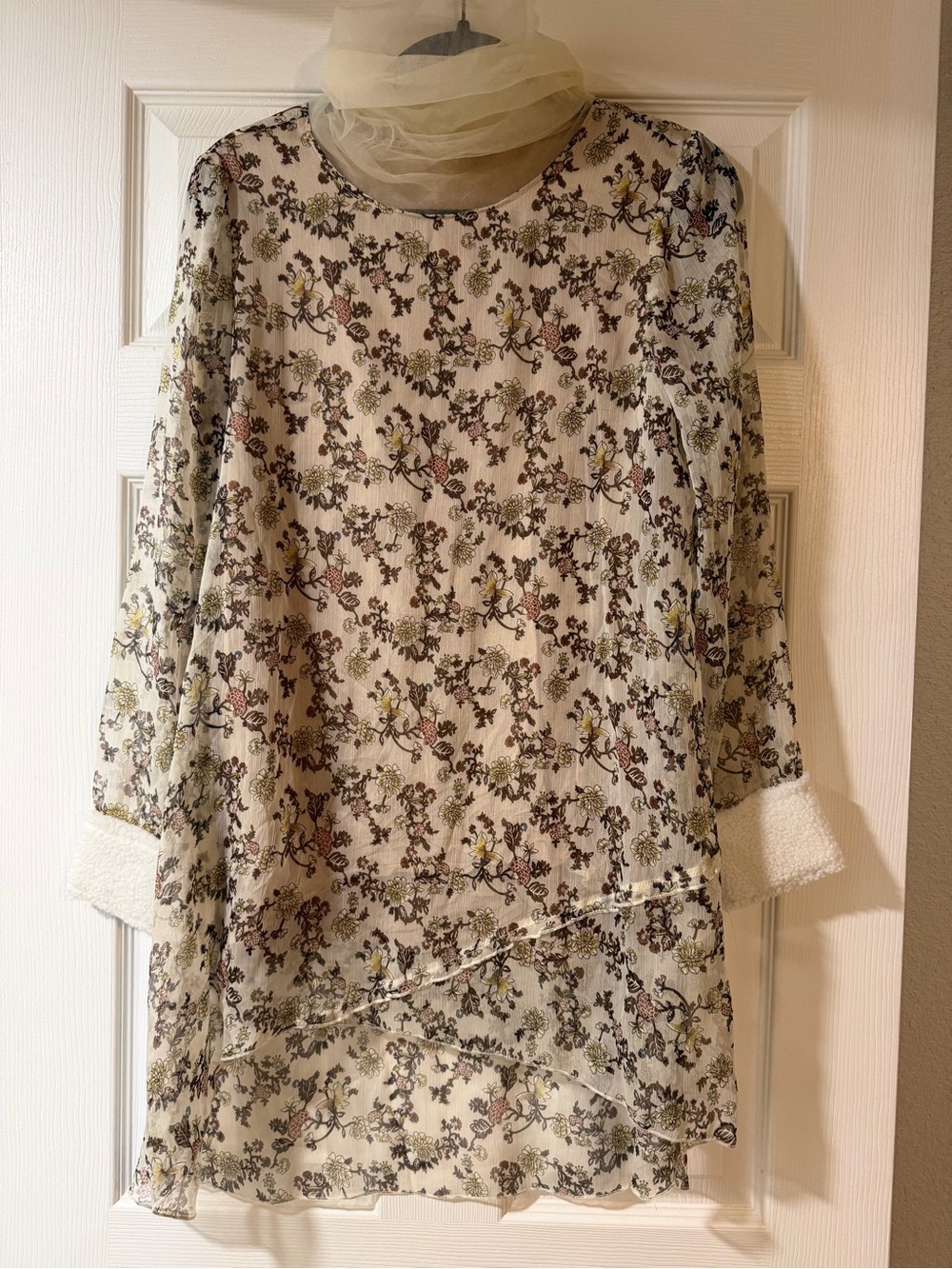 Vintage Silk Floral Mesh Turtleneck Mini Dress